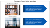 Company slide with two sections: one showing a woman working on a laptop and another featuring a business meeting.