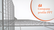 Professional company profile slide with a architectural background and an elegant orange-bordered text area for the title.