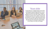 Team slide with a meeting photo on the left and descriptive text in a purple bordered box on the right.
