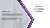 Company slide featuring a modern skyscraper background, with purple angular design and descriptive text on the left.