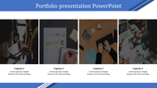 Portfolio slide with four images of people working with charts, writing, using a calculator, and reviewing design papers.
