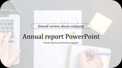 Modern annual report slide with an overlay title, a workspace background, and financial charts in a minimal design.