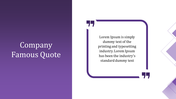 A slide displaying a company quote inside quotation marks, with purple accents and placeholder text.
