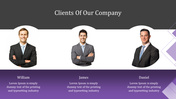 Three client portraits with names and descriptions beneath, on a purple gradient background.