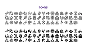 Set of black business related icons including people, tools, charts, and communication symbols on a white backdrop.