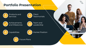 Business portfolio slide featuring six gold circular icons with text on a background, alongside a professional team photo.