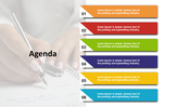 Meeting agenda slide with six vibrant, numbered ribbon banners on the right and a blurred hand writing on paper.