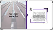 Business quote slide featuring a high building background, a bold quote section on the right, and a modern purple design.