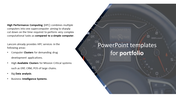 Corporate portfolio template with a sleek geometric design, highlighting HPC services and a high speed gauge image.