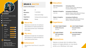 A PowerPoint slide highlighting a creative portfolio with visuals and text with profile photo and many sections.