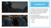Portfolio slide featuring two images of cameras and text describing photography services and expertise.