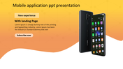 Mobile application slide featuring two black smartphones with app icons, a yellow-orange gradient background.