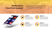 Mobile phone PowerPoint template featuring a smartphone with social media apps and four captions with orange circular icons.