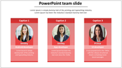 Team introduction with three members, each in a red bordered section with a photo, name, title, and descriptive text.