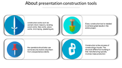 Slide with four circular image icons arranged in rectangles, paired with text about construction tools and their uses.