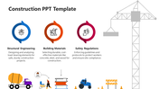 Construction PowerPoint slide with icons from Structural Engineering to Safety Regulations, and construction equipment.