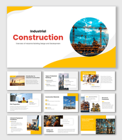 Construction Presentation Template with industrial crane site images, yellow wave shapes and clean white slide layout.