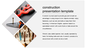 Slide featuring a construction tool layout with three images of wrenches and pliers in diamond frame, along with text.