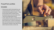 Portfolio slide of a close-up of a manual wood planer in use, shaving off thin wood layers with text sections on the left.