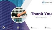 Thank you slide featuring a handshake image against a modern building background with contact information below.