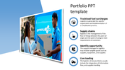 Logistics presentation slide featuring a delivery scene and key topics like supply chains and live loading with icons.