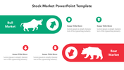 Stock market slide showing a green bull and a red bear symbol on the bottom with related text boxes.
