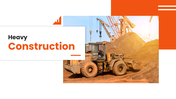 Construction PowerPoint Templates with heavy loader and crane site photo, orange geometric shapes and clean white layout.