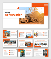 Construction PowerPoint Templates with heavy loader and crane site photo, orange geometric shapes and clean white layout.