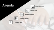 Agenda slide with icons and text labels arranged diagonally over a blurred background of a person writing.