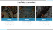 Portfolio slide displaying three construction related images with blue captions for different services.