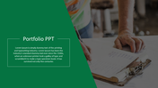Portfolio design slide featuring a diagonal green overlay with text, alongside a close up of hands working on documents.