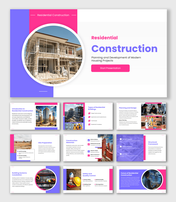 Construction Presentation Template with residential house scaffolding photo, pink purple shapes and clean white layout.
