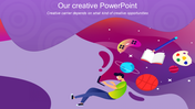 Creative PowerPoint slide featuring a person working on a laptop surrounded by icons like a book, palette, and planets.