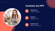 Contact Us design slide with a dark blue background, featuring a circular image of a woman talking on the phone.