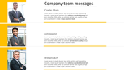 A PowerPoint slide displaying a team communication format includes names and example messages for three team members.