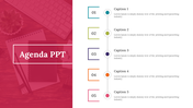 Pink themed agenda slide with five numbered sections and colorful dots on a vertical line, next to each caption.