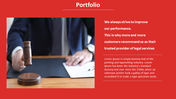 Portfolio slide with a judge’s gavel image on the left and a red background on the right containing bold white text.