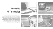 Black and white portfolio samples slide with four images of laptops, tablets, and mobile devices, featuring descriptive text.