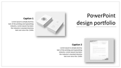 PowerPoint design portfolio slide featuring images of business cards and a document layout with captions.