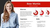 Profile slide with a red and white theme, featuring a photo on the left with circular charts, and text sections for details.