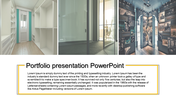 Business portfolio slide featuring three images of modern interiors and a structured text section with a yellow outline.