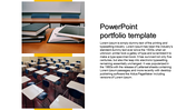 Portfolio PPT template showing stacked books and an empty classroom, with placeholder text about the printing industry.