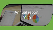 Annual report side with a tablet and laptop showing calendar and data charts, with a green border and a bold text.
