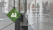 Green diamond shape with a building icon overlaid on a blurred interior photo, with text and white highlights.
