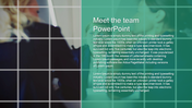 Blurred background of team members with a green overlay and grid lines, featuring introductory text.