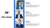 Company team layout featuring three employees in business attire, with names, job titles, and text descriptions beside each.