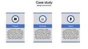 Case study layout with three gray and blue cards, each containing an icon, title, and placeholder text.