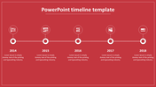 Horizontal timeline from 2014 to 2018 on a red background, featuring circular icons connected by a dotted line.