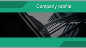 Company profile cover featuring a sleek glass building perspective, framed by green design elements.
