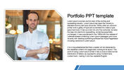 Portfolio slide with a chef in a white uniform on the left, framed in a hexagonal border, and text content on the right.